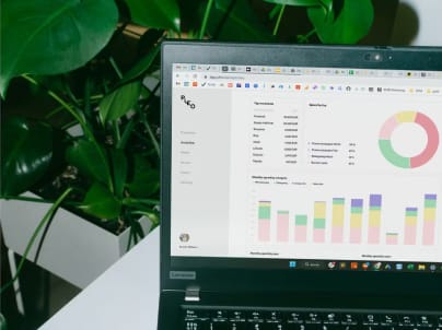 A laptop displaying analytics and charts on a green background with plants.